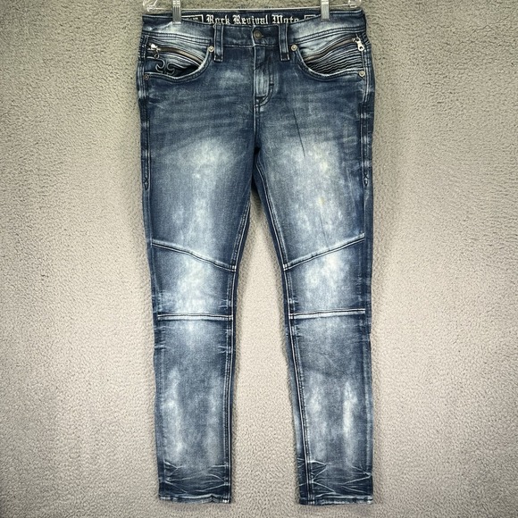 Rock Revival Moto Jeans Mens 32 Blue Denim Lean Skinny Biker Stretch Grunge - Picture 1 of 10